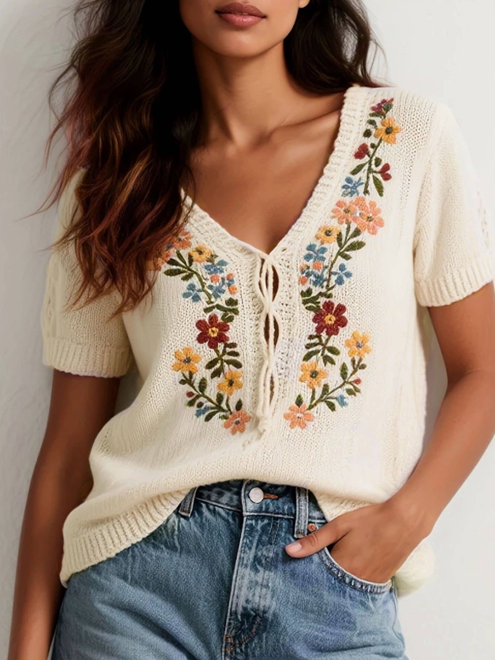 Tops Knitted Bohemia Floral Embroidered Top